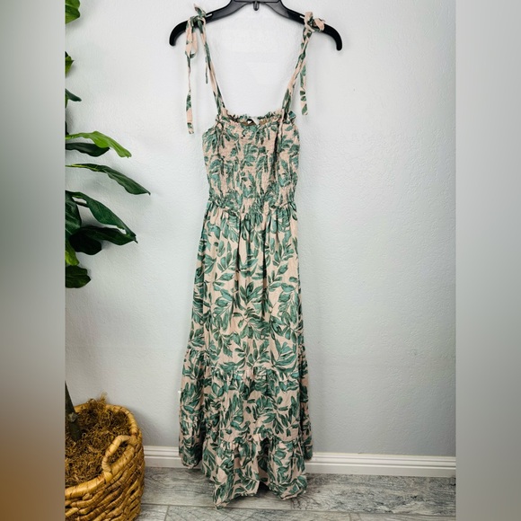 Dress Forum Los Angeles Beige Leaf Print Smocked Tiered Tie Knot Straps Dress - Picture 2 of 8